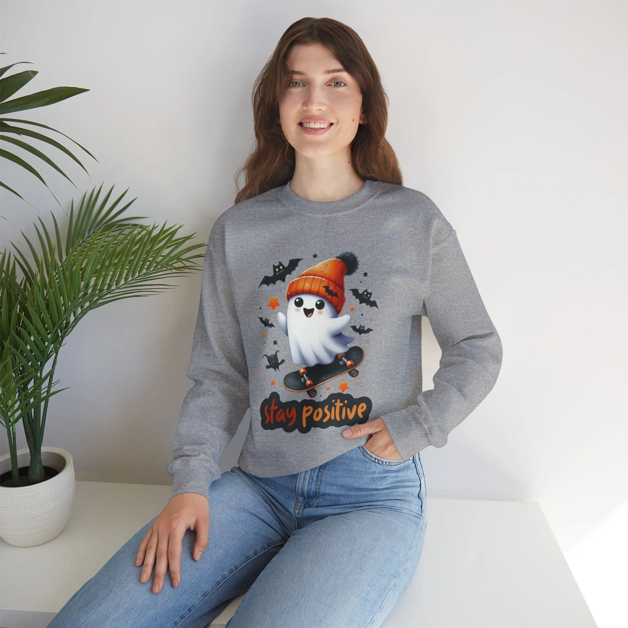 Stay Positive Cute Ghost Sweatshirt, Happy Halloween Sweatshirt - Unisex Heavy Blend Crewneck, Halloween Sweatshirt, Cute Spooky Ghost sweatshirt.