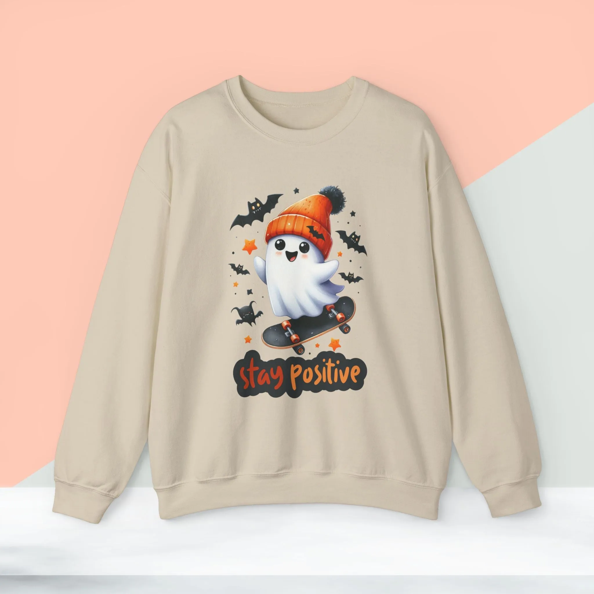 Stay Positive Cute Ghost Sweatshirt, Happy Halloween Sweatshirt - Unisex Heavy Blend Crewneck, Halloween Sweatshirt, Cute Spooky Ghost sweatshirt.