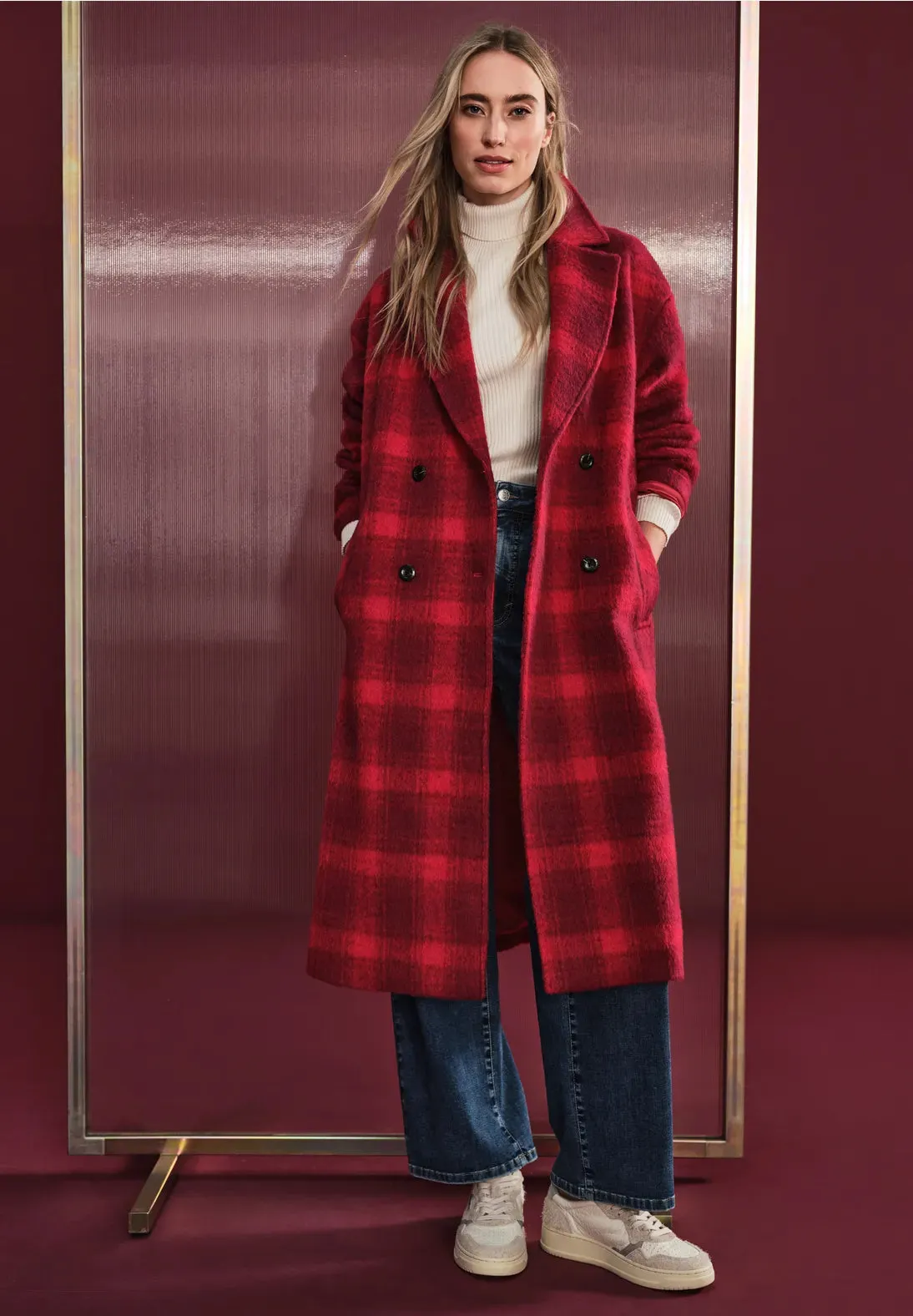 Street One red long check coat 101179