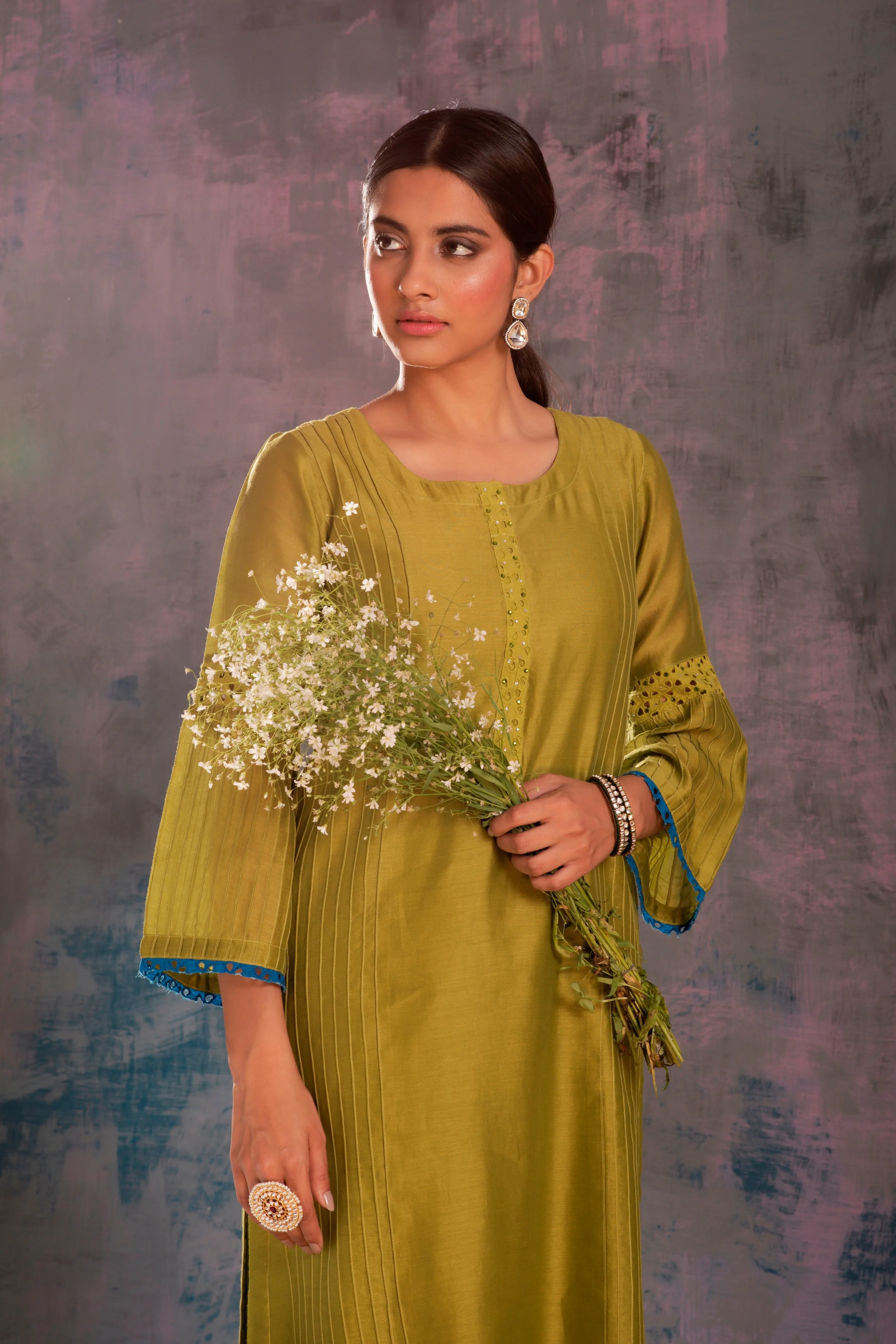 Swarovski Berry Green Flared Sleeves Kurta Set (2 dupatta options) - Set of 3