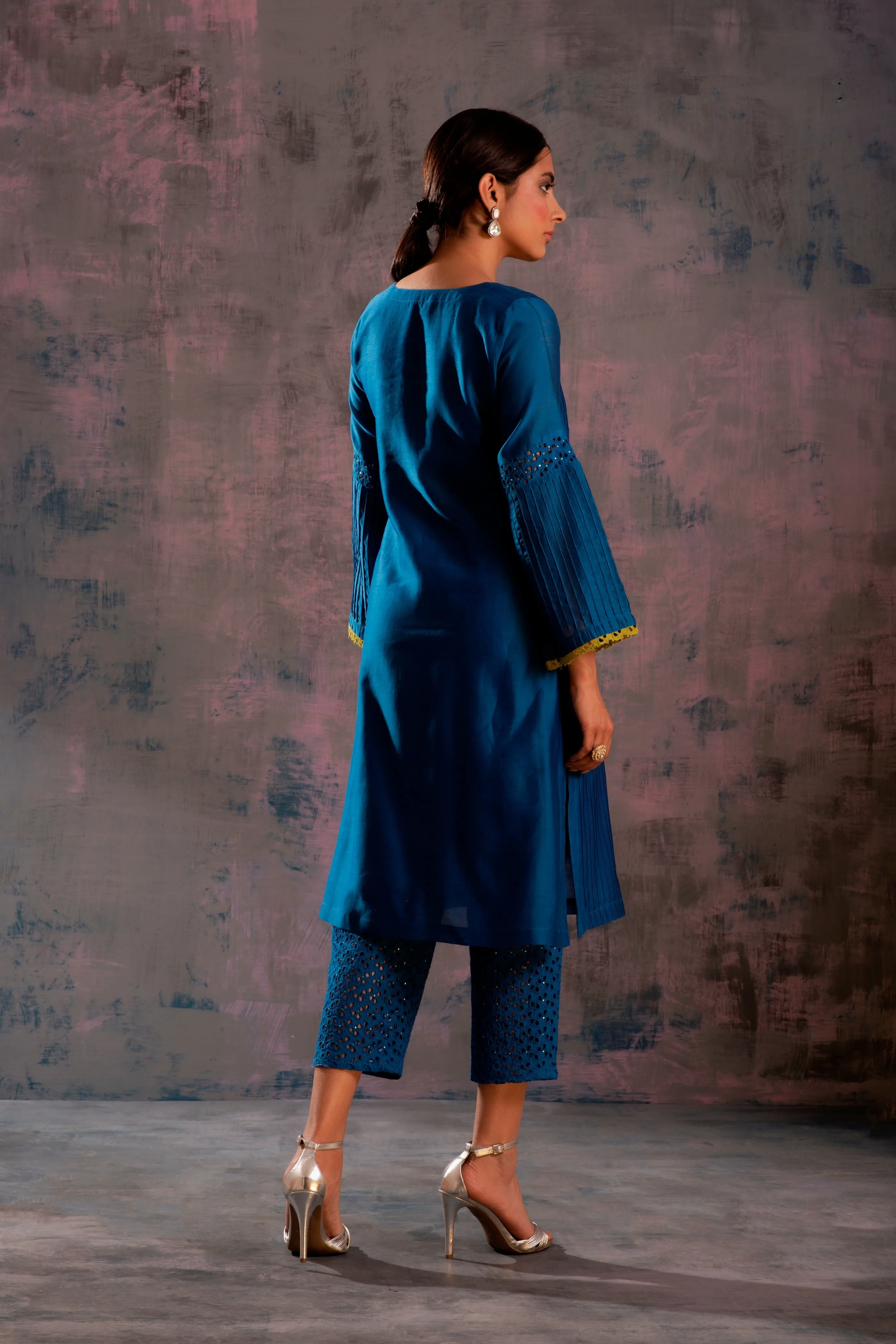 Swarovski Egyptian Blue Flared Sleeves Kurta  | RTS