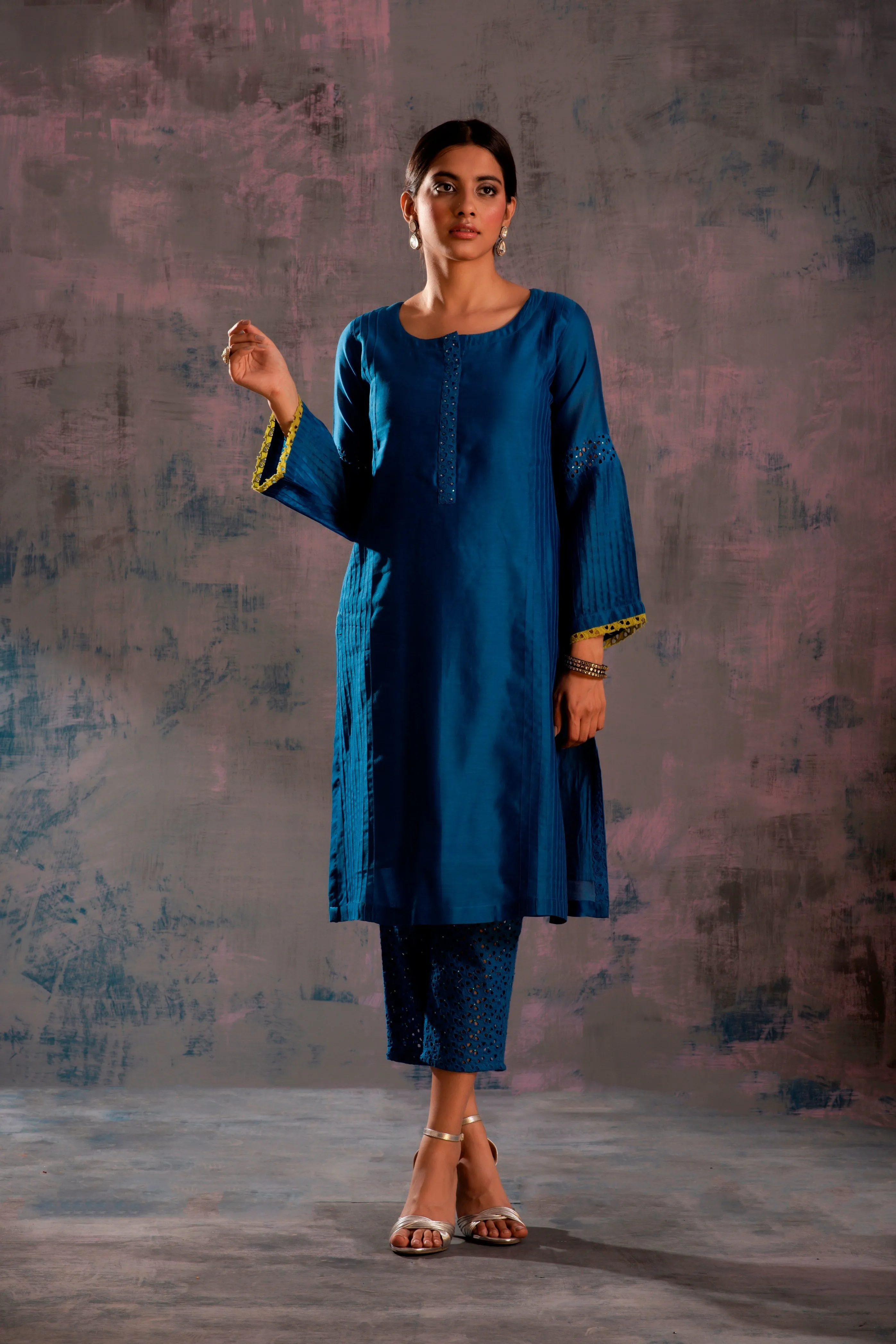 Swarovski Egyptian Blue Flared Sleeves Kurta  | RTS