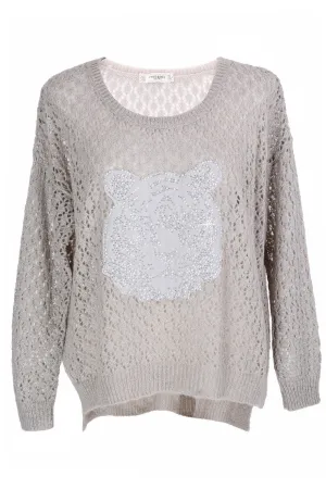 SWEET TIGER Grey Crystal Embellished Jumper