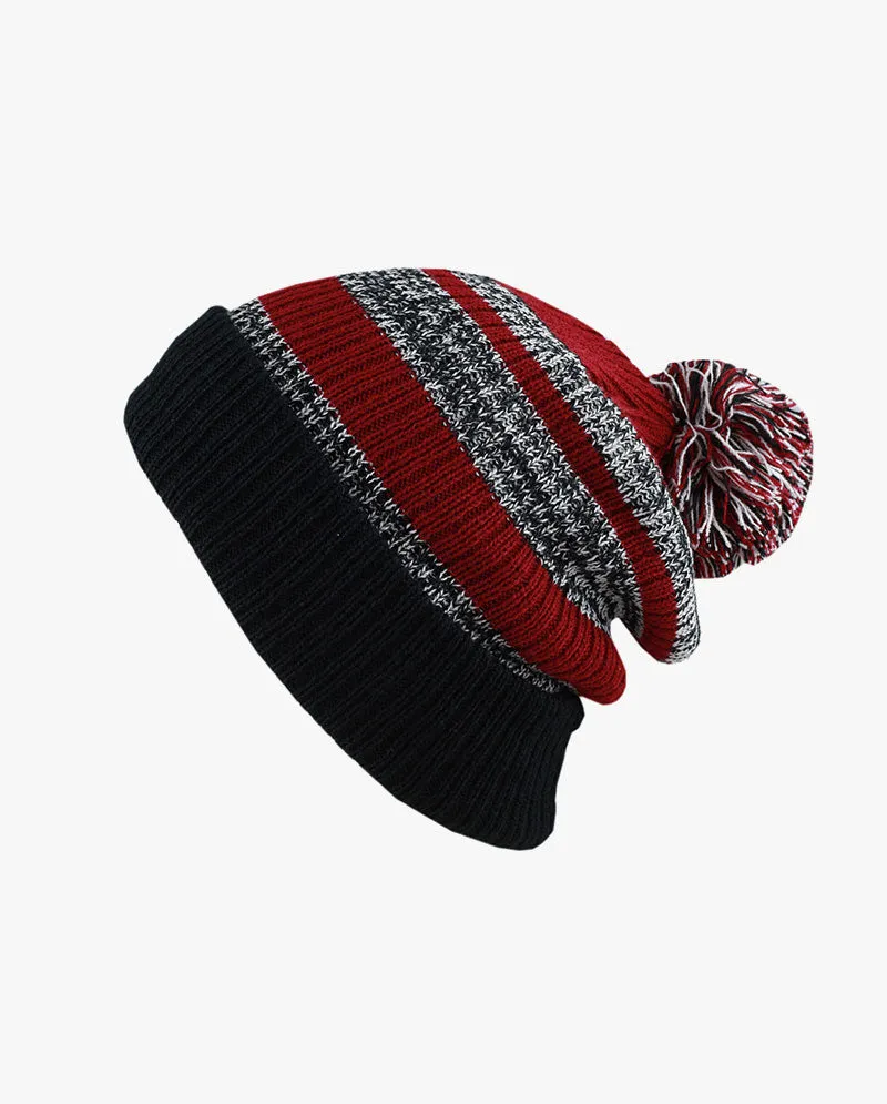 The Hat Depot - Striped Cuffed Pom Pom Knit Beanie