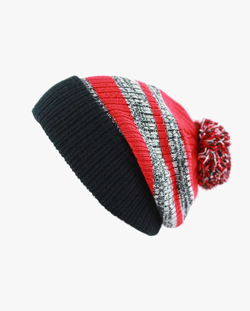 The Hat Depot - Striped Cuffed Pom Pom Knit Beanie