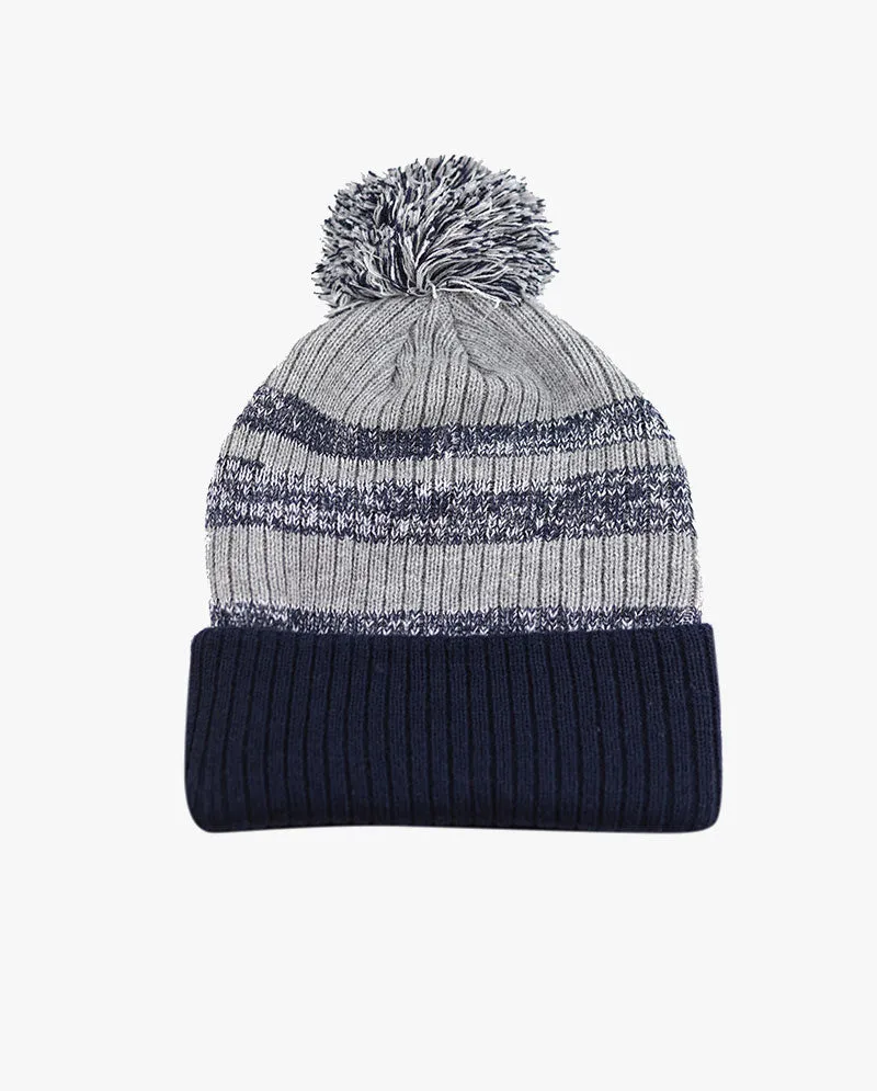 The Hat Depot - Striped Cuffed Pom Pom Knit Beanie