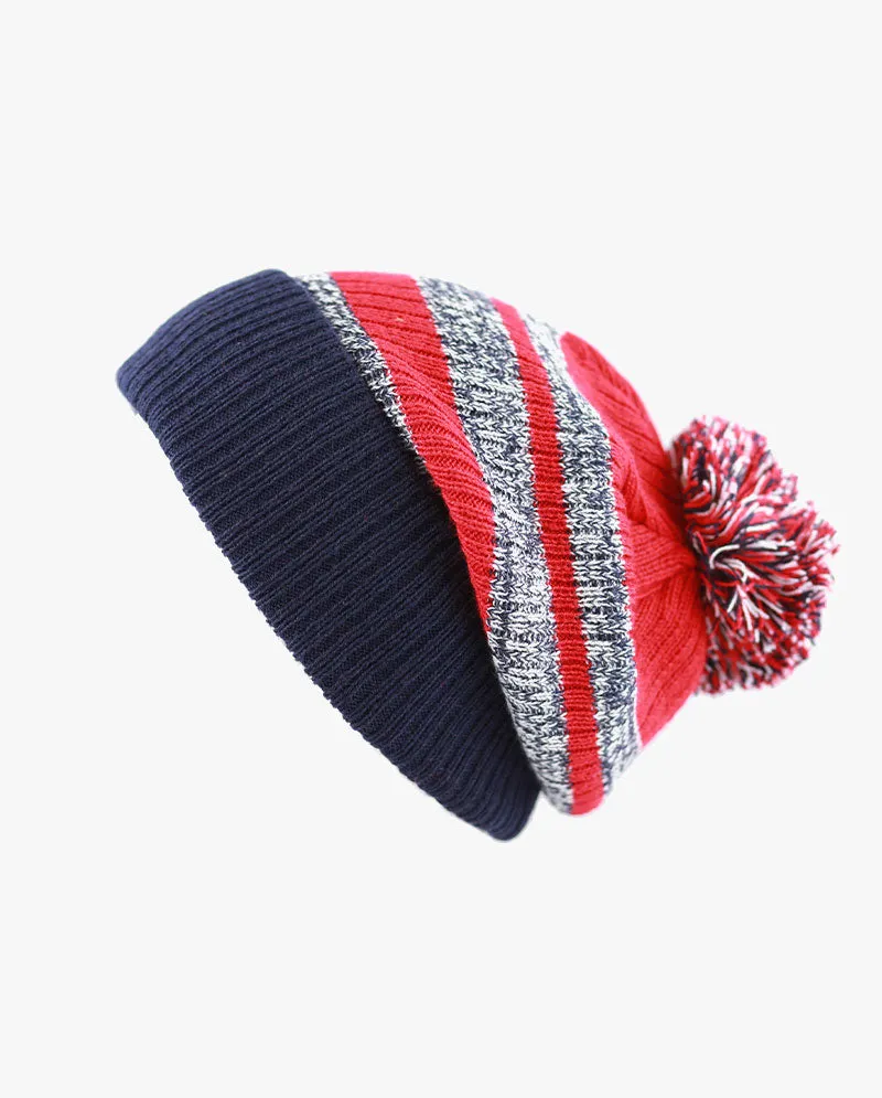 The Hat Depot - Striped Cuffed Pom Pom Knit Beanie