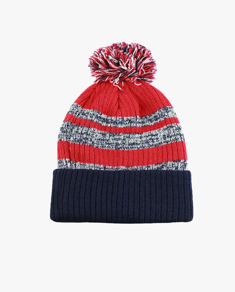 The Hat Depot - Striped Cuffed Pom Pom Knit Beanie