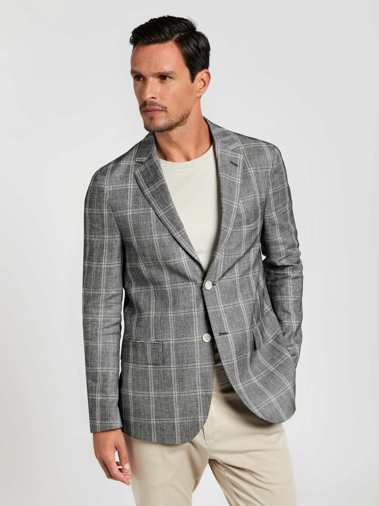 Unstructured windowpane check linen blend blazer