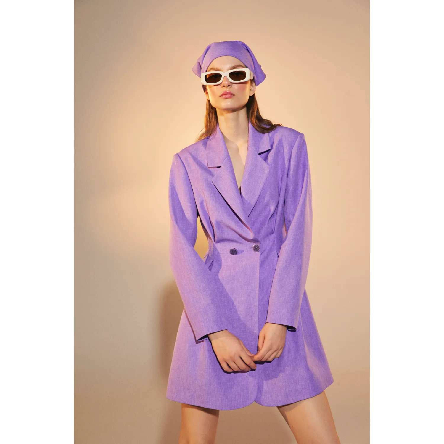 Valerie Shoulder-Padded Blazer Dress in Mauve Mist