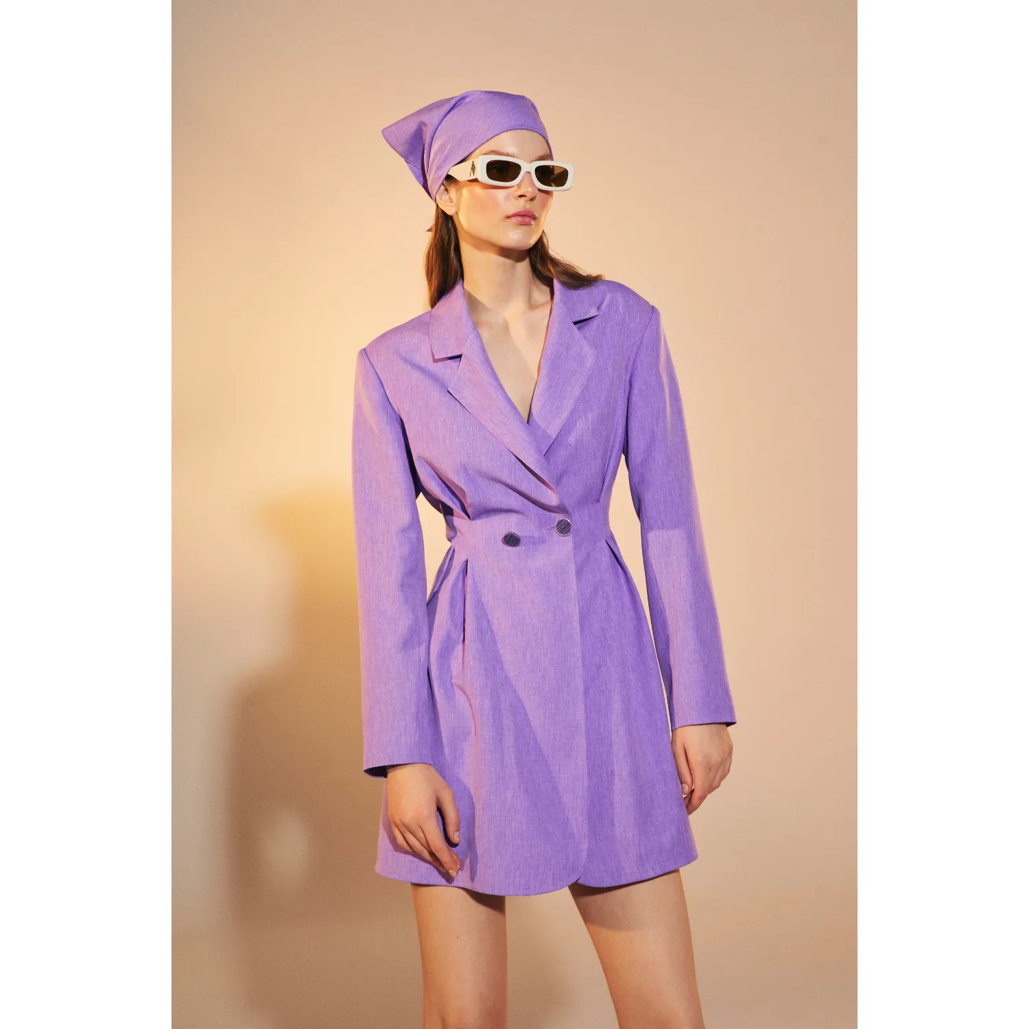 Valerie Shoulder-Padded Blazer Dress in Mauve Mist