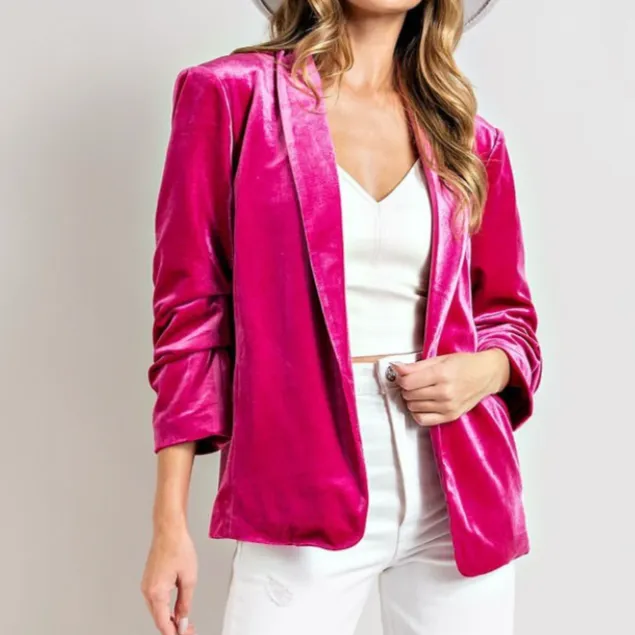 Velvet Crush Ruched Sleeve Velvet Blazer Jacket