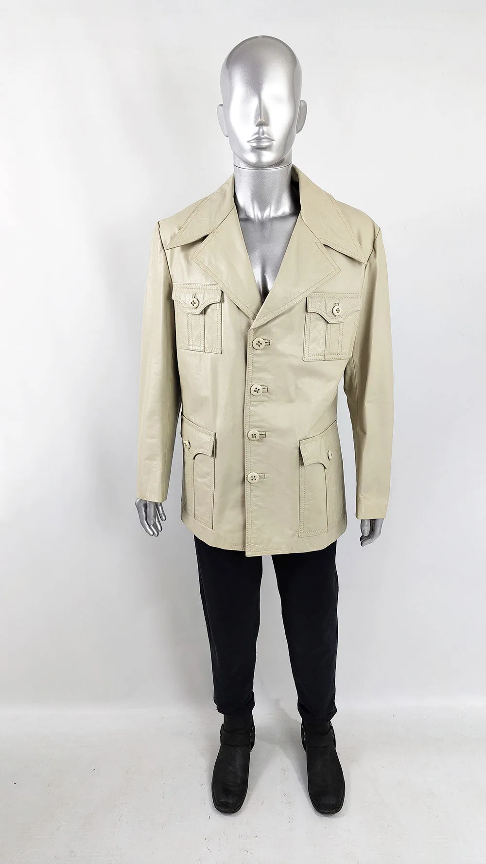 Vintage 60s 70s Mens Cream Real Leather Jacket