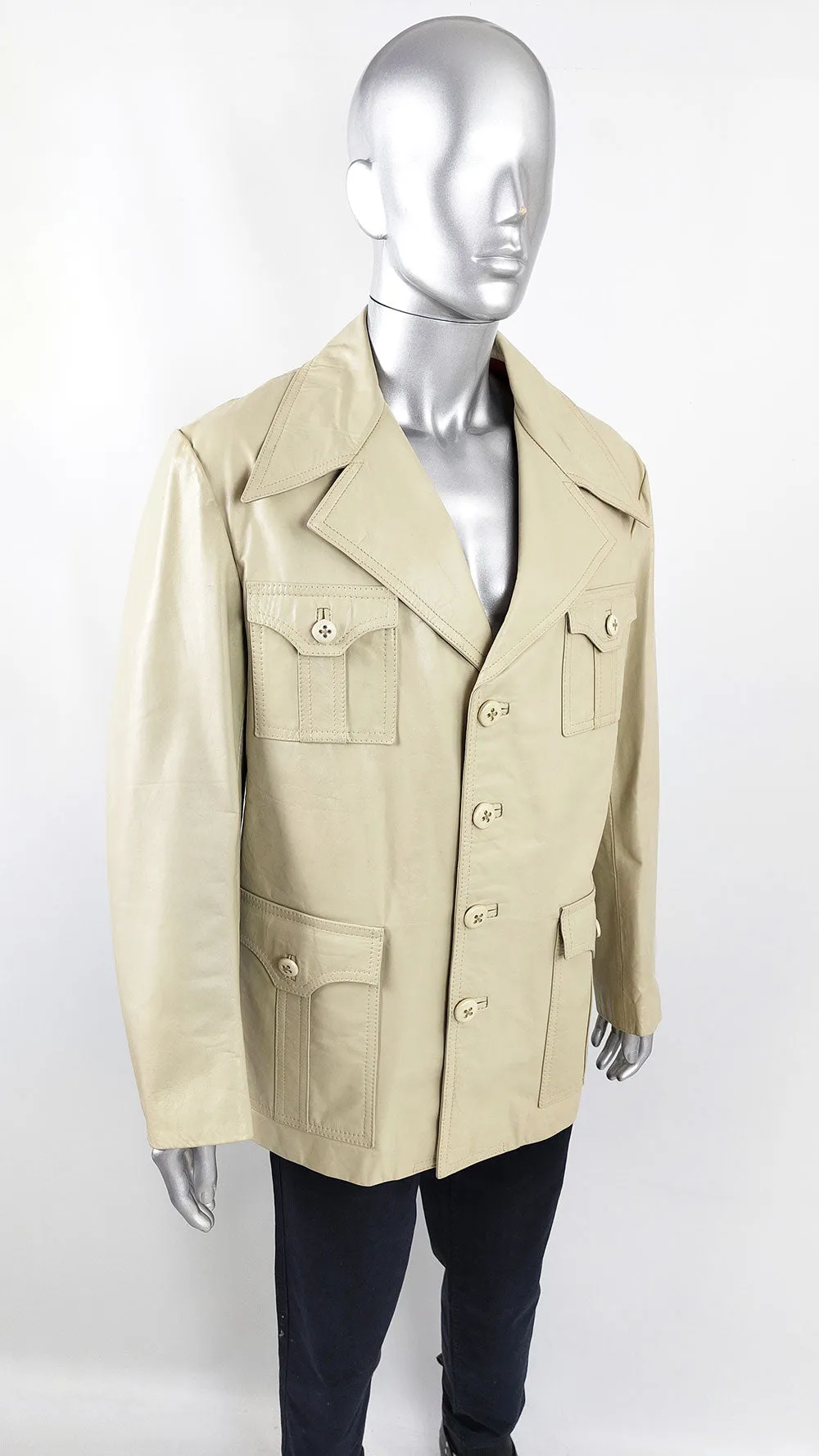 Vintage 60s 70s Mens Cream Real Leather Jacket