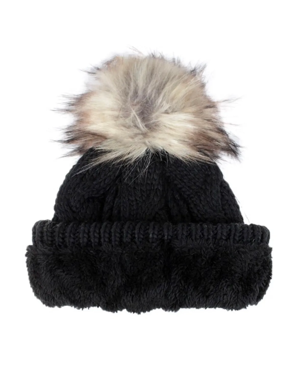 Warm Nights Braided Knit Fur Pom Beanie Hat: Black