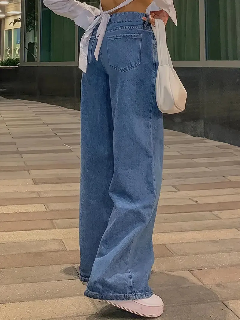 Wenkouban 90s Dark Blue Loose Baggy Boyfriend Jeans with Low Waist