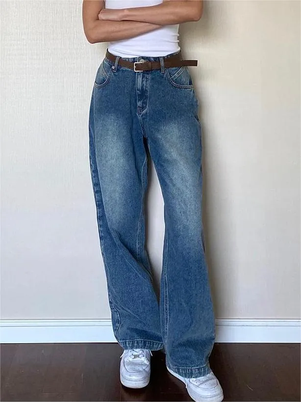 Wenkouban Vintage blue boyfriend jeans with a washed look