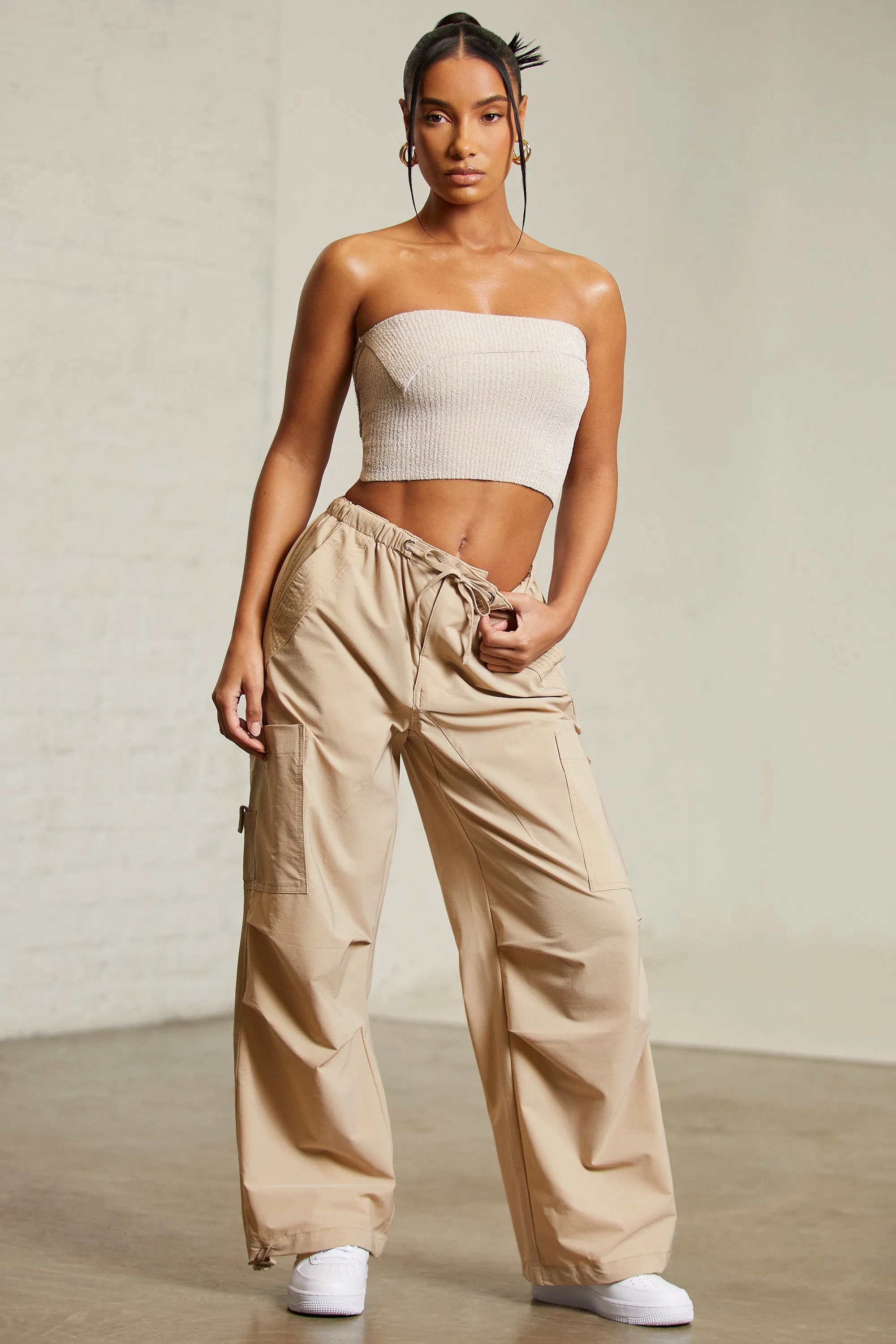 Wide Leg Cargo Trousers in Beige