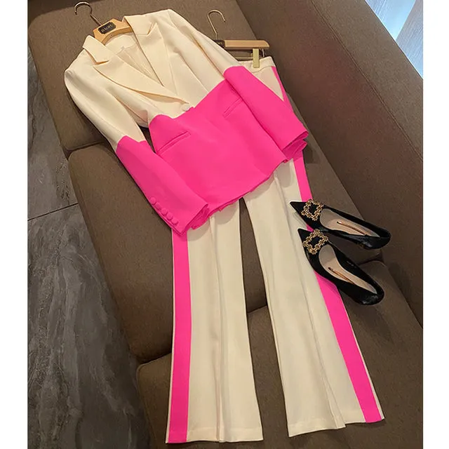 Wjczt Blazer Pantsuits Two Piece Set Office Ladies Women Yellow Purple Business Single Buttons Flared Pants Blazer   Pants Formal Suit