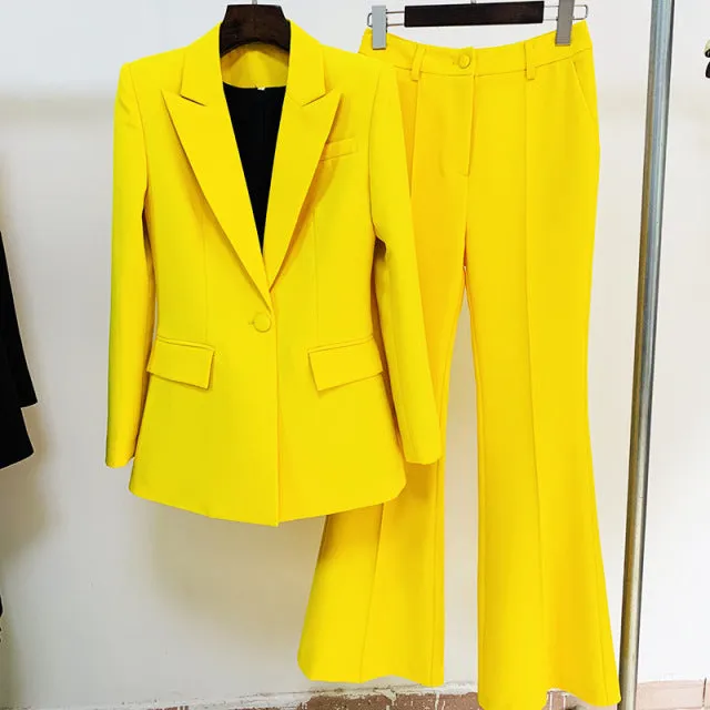 Wjczt Blazer Pantsuits Two Piece Set Office Ladies Women Yellow Purple Business Single Buttons Flared Pants Blazer   Pants Formal Suit