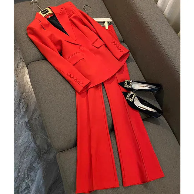 Wjczt Blazer Pantsuits Two Piece Set Office Ladies Women Yellow Purple Business Single Buttons Flared Pants Blazer   Pants Formal Suit