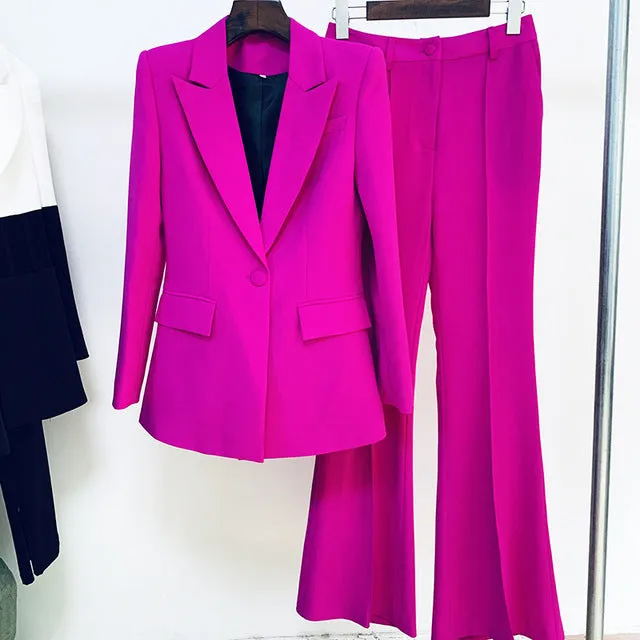 Wjczt Blazer Pantsuits Two Piece Set Office Ladies Women Yellow Purple Business Single Buttons Flared Pants Blazer   Pants Formal Suit