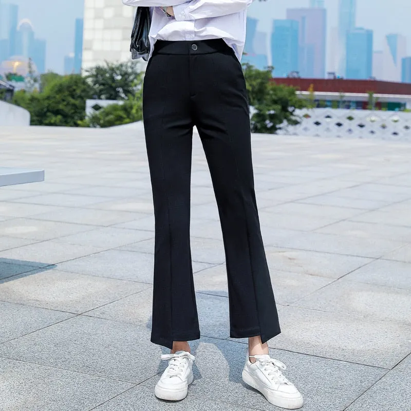 Wjczt New Korean Spring Autumn Trend Black 9-Point Pants Women'S High Waist Slim Casual Fit Versatile Drop Sense Micro Bell Trousers