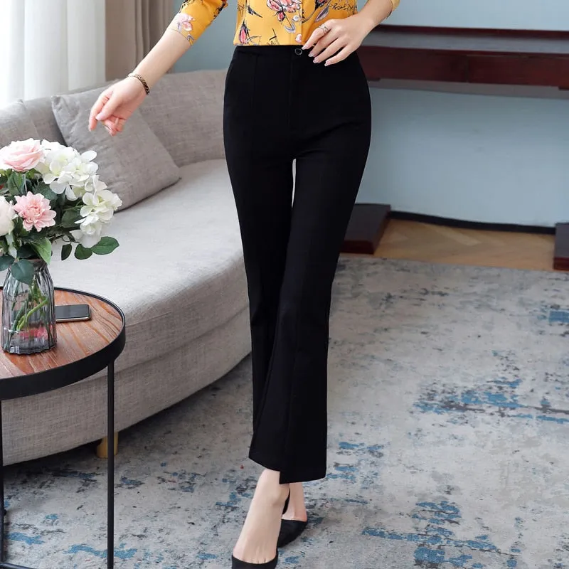 Wjczt New Korean Spring Autumn Trend Black 9-Point Pants Women'S High Waist Slim Casual Fit Versatile Drop Sense Micro Bell Trousers