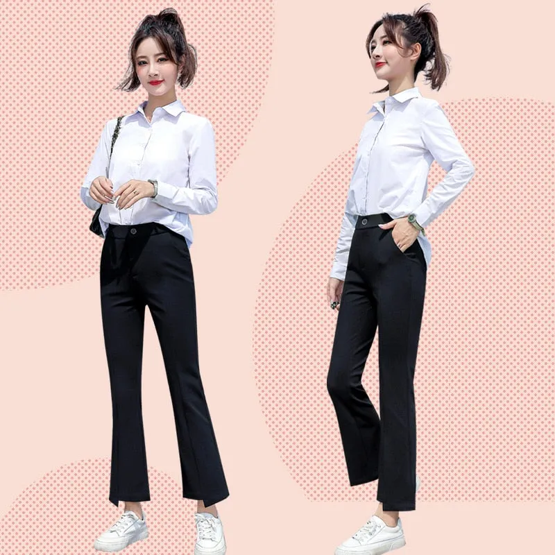 Wjczt New Korean Spring Autumn Trend Black 9-Point Pants Women'S High Waist Slim Casual Fit Versatile Drop Sense Micro Bell Trousers