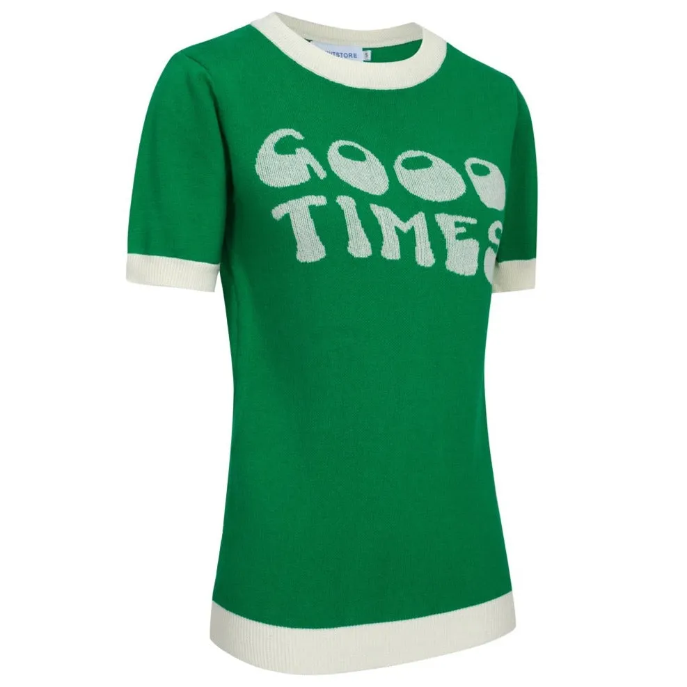 Women Knitted Good Times Short Sleeves Green Knitwear