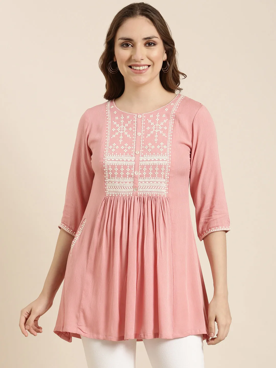 Women Solid Peach A-Line Kurti