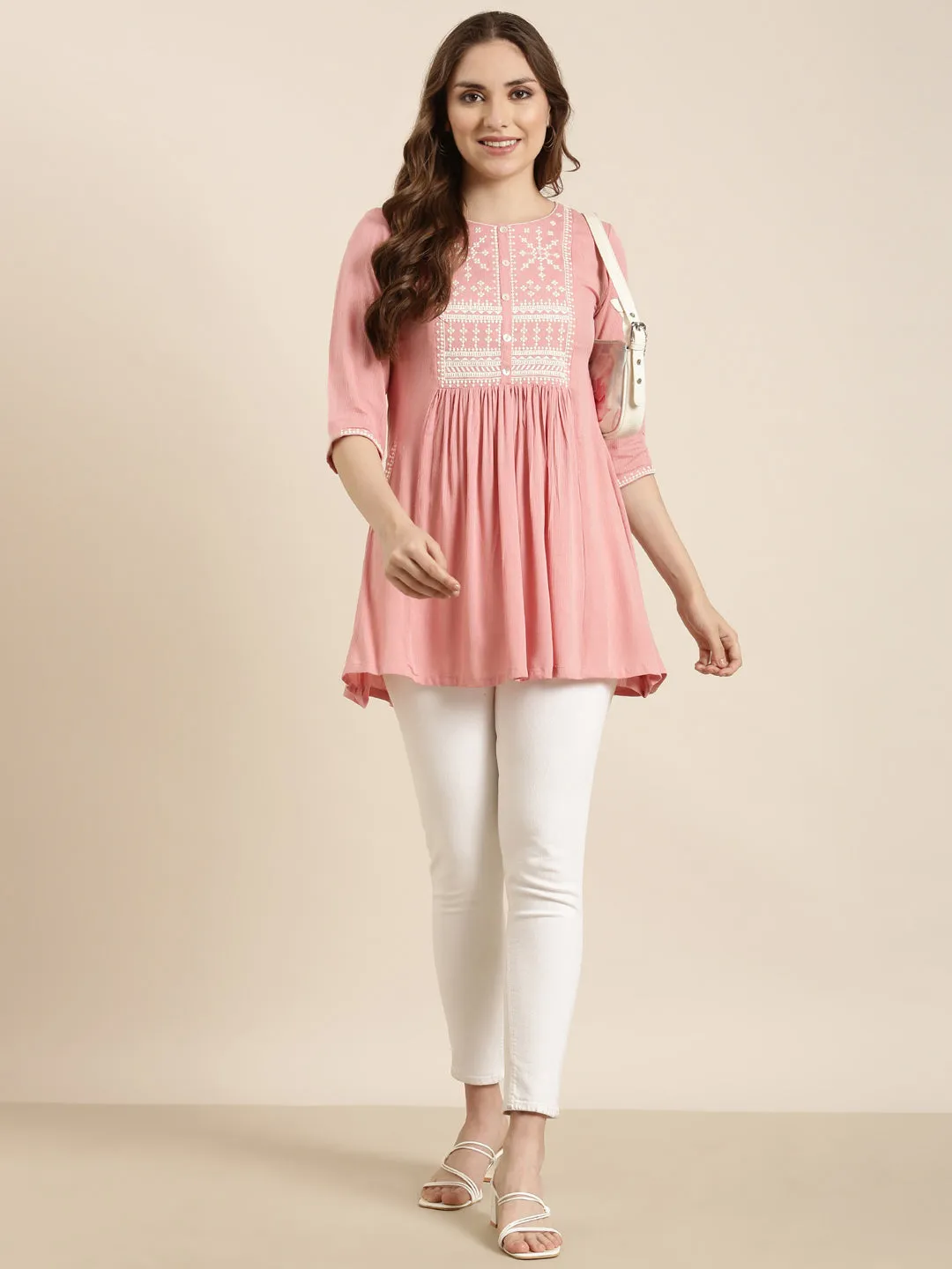 Women Solid Peach A-Line Kurti