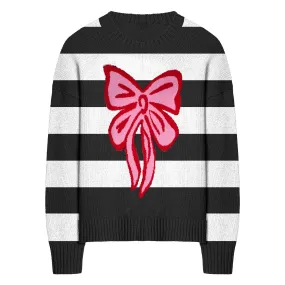 Women's black striped bow Christmas sweater