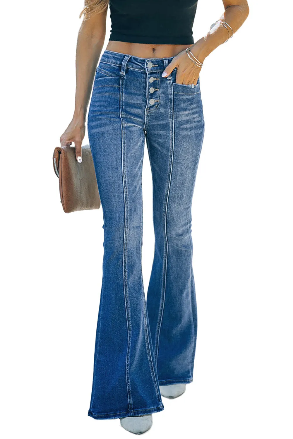 Women's High Waist Flare Jeans Button Fly Seamed Denim Pants