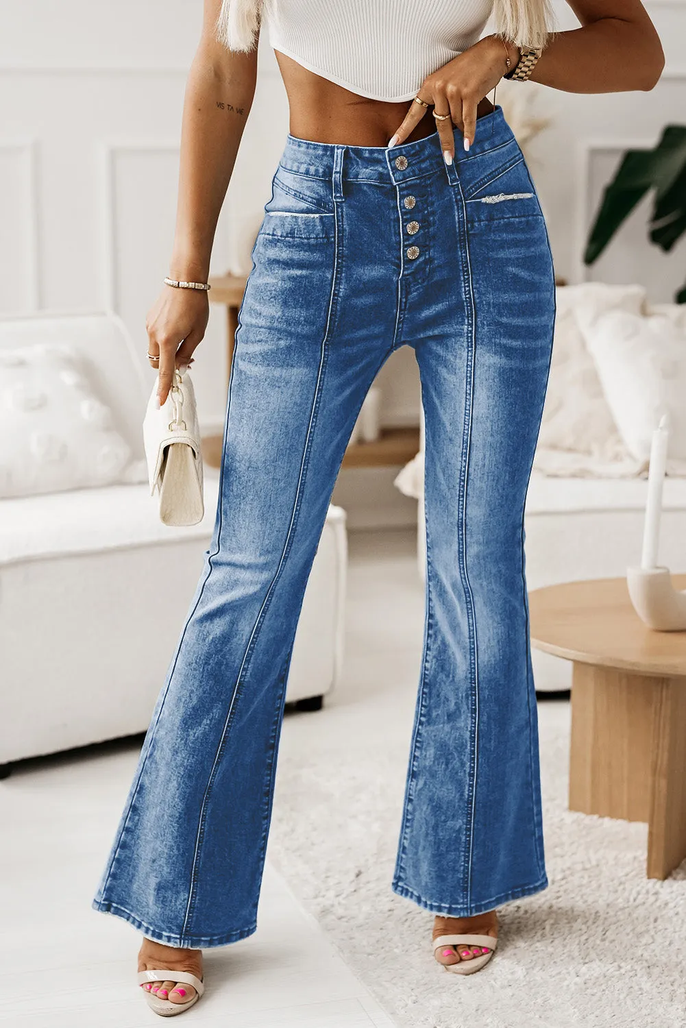 Women's High Waist Flare Jeans Button Fly Seamed Denim Pants