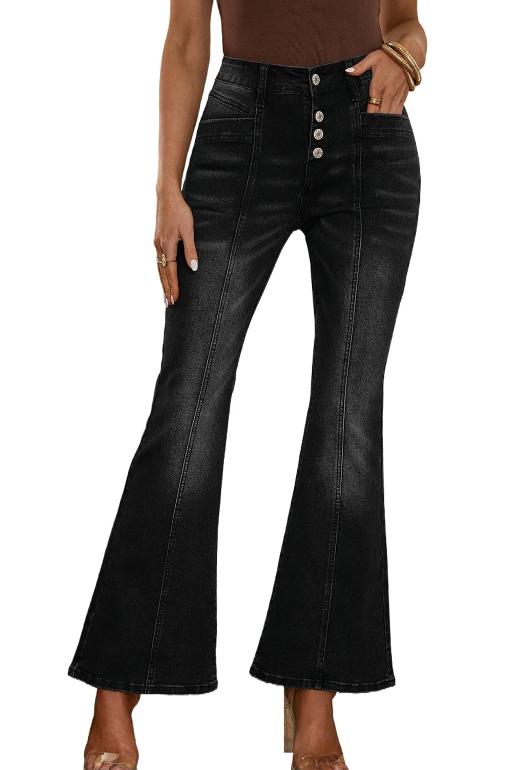 Women's High Waist Flare Jeans Button Fly Seamed Denim Pants