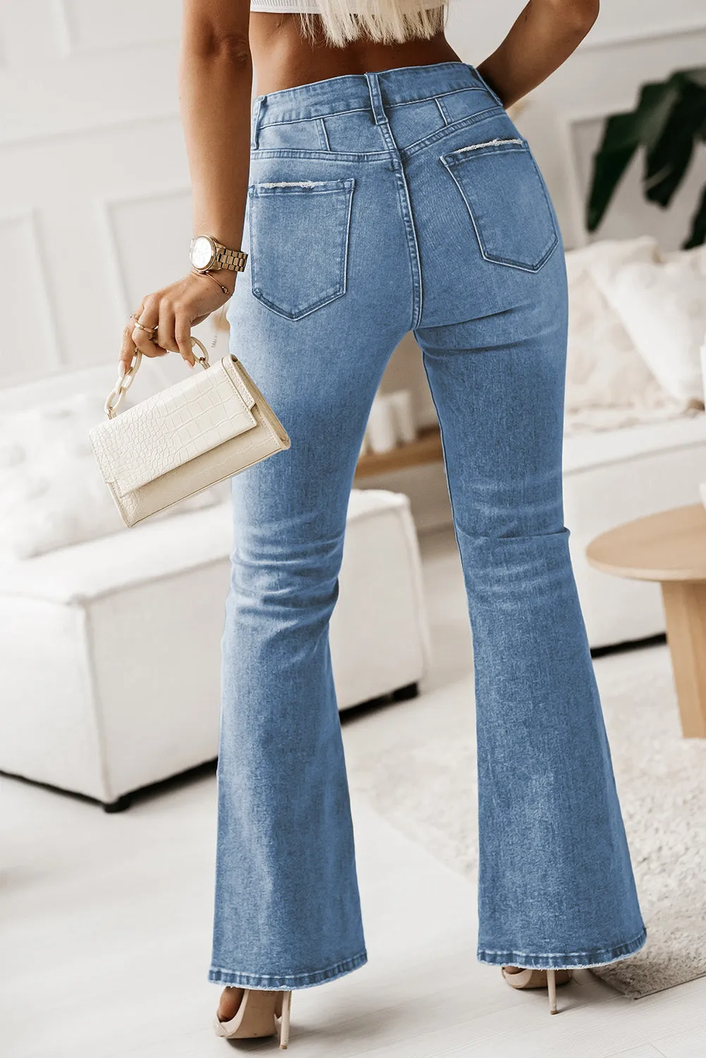 Women's High Waist Flare Jeans Button Fly Seamed Denim Pants