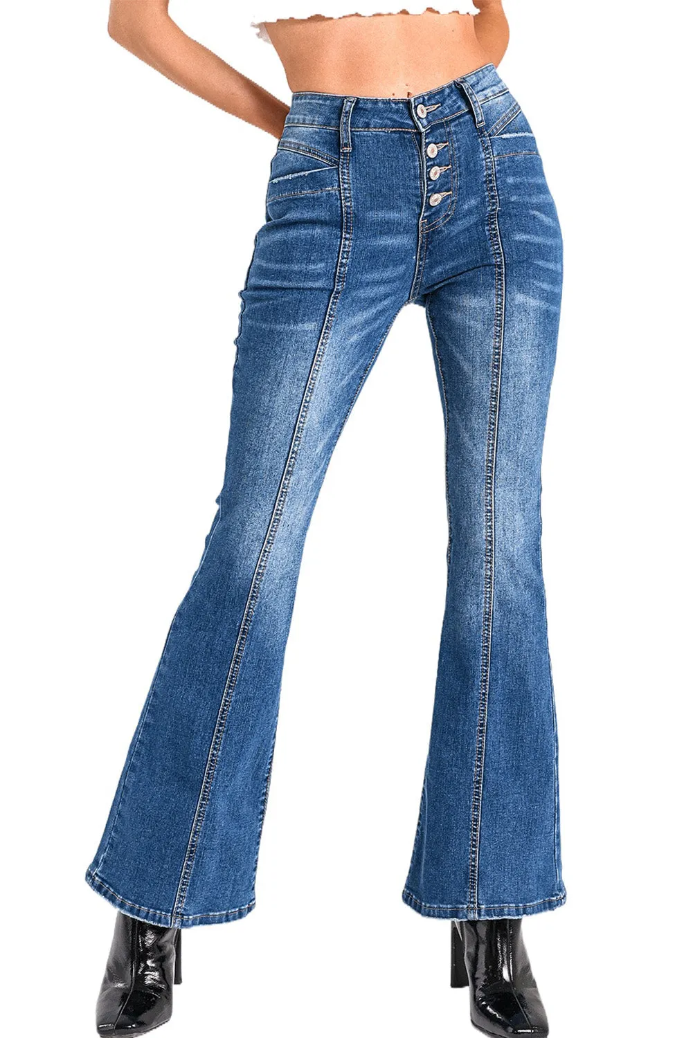 Women's High Waist Flare Jeans Button Fly Seamed Denim Pants