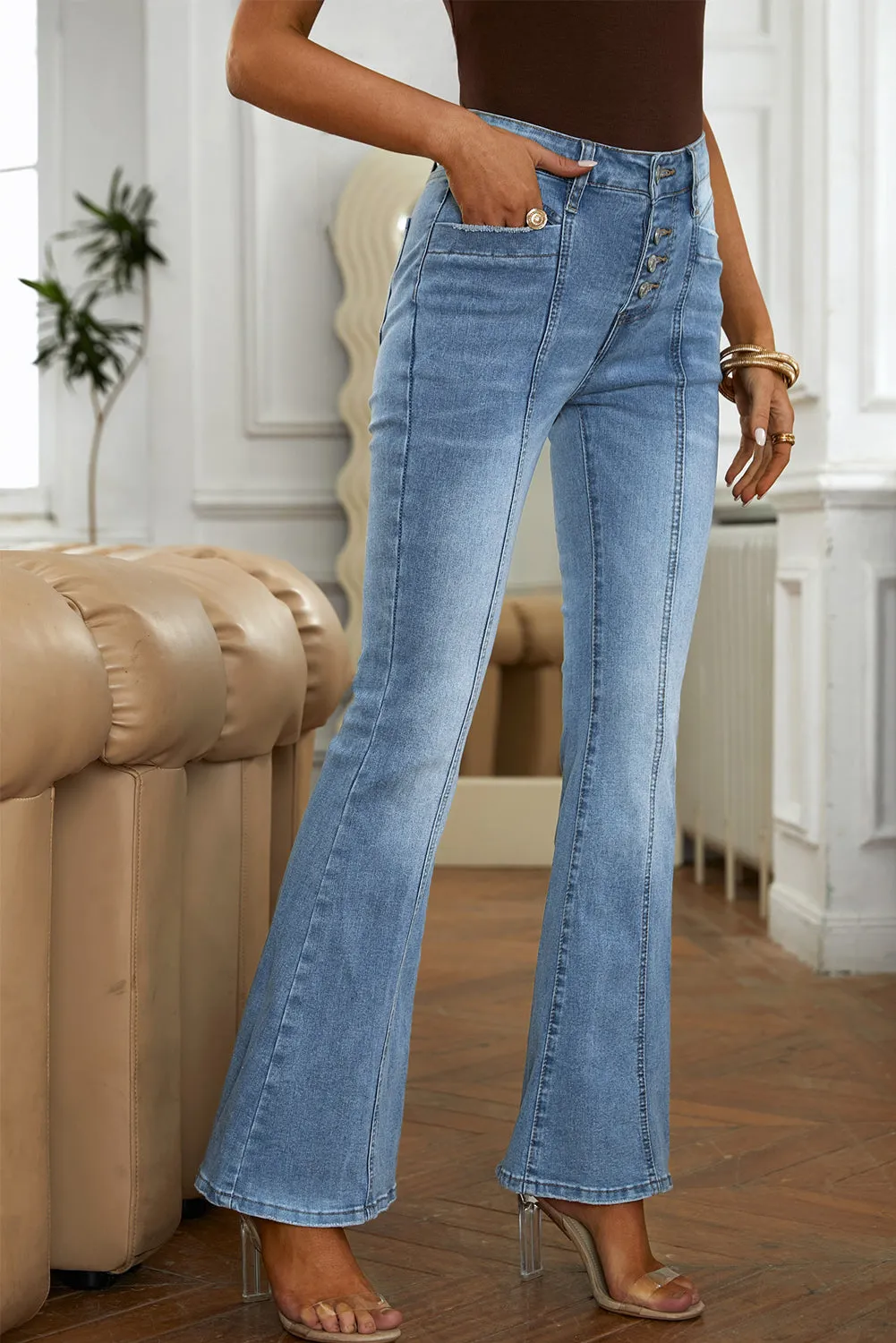 Women's High Waist Flare Jeans Button Fly Seamed Denim Pants