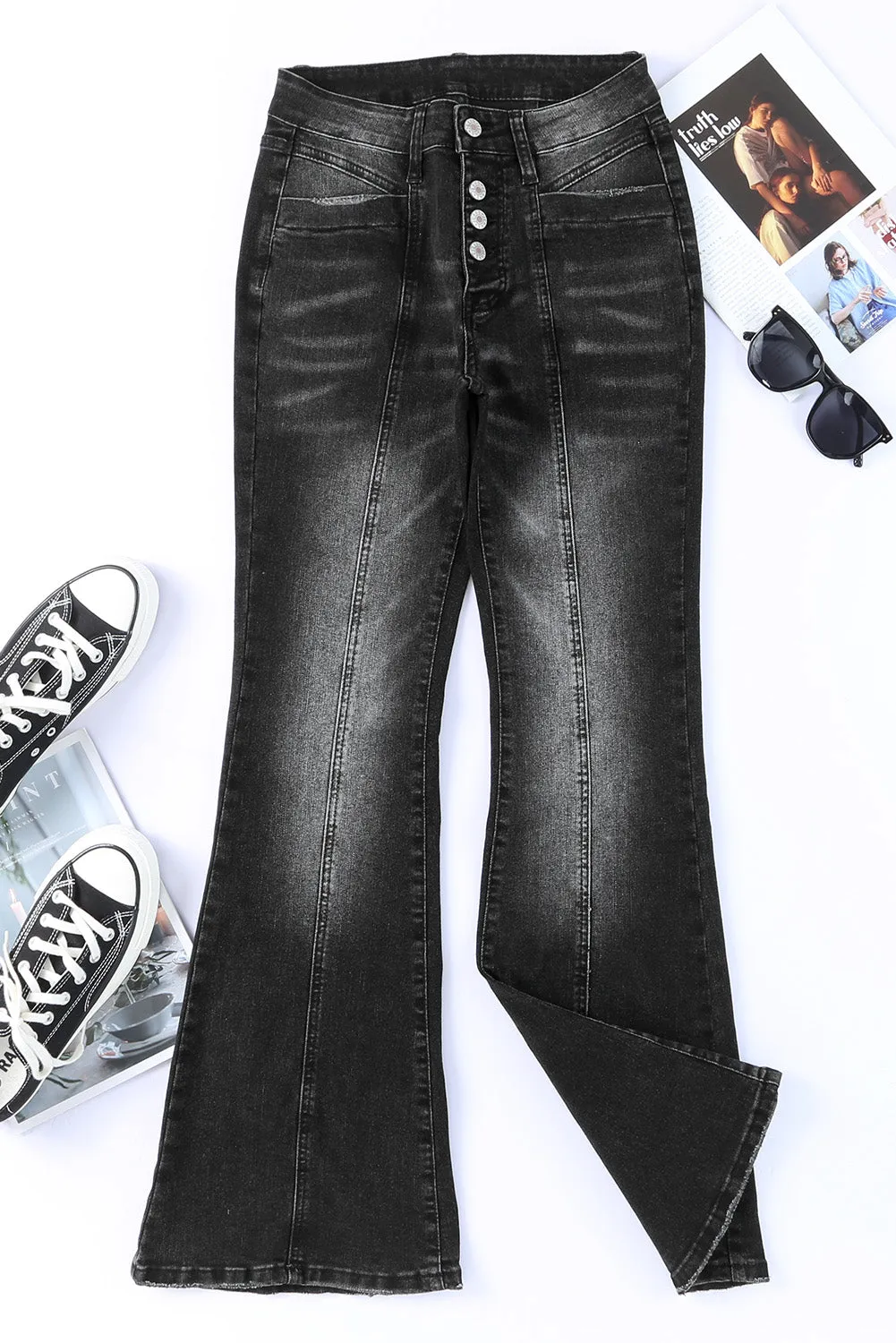 Women's High Waist Flare Jeans Button Fly Seamed Denim Pants