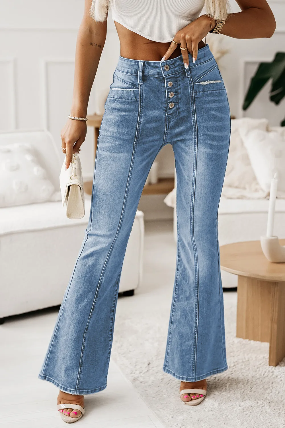 Women's High Waist Flare Jeans Button Fly Seamed Denim Pants