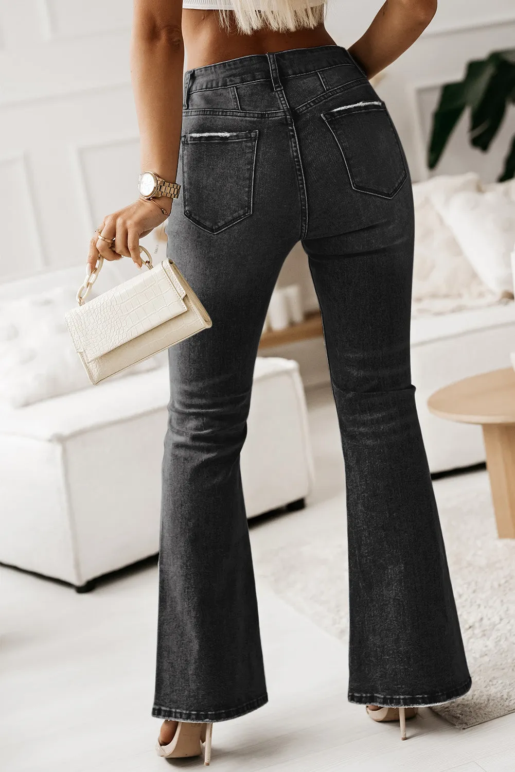 Women's High Waist Flare Jeans Button Fly Seamed Denim Pants