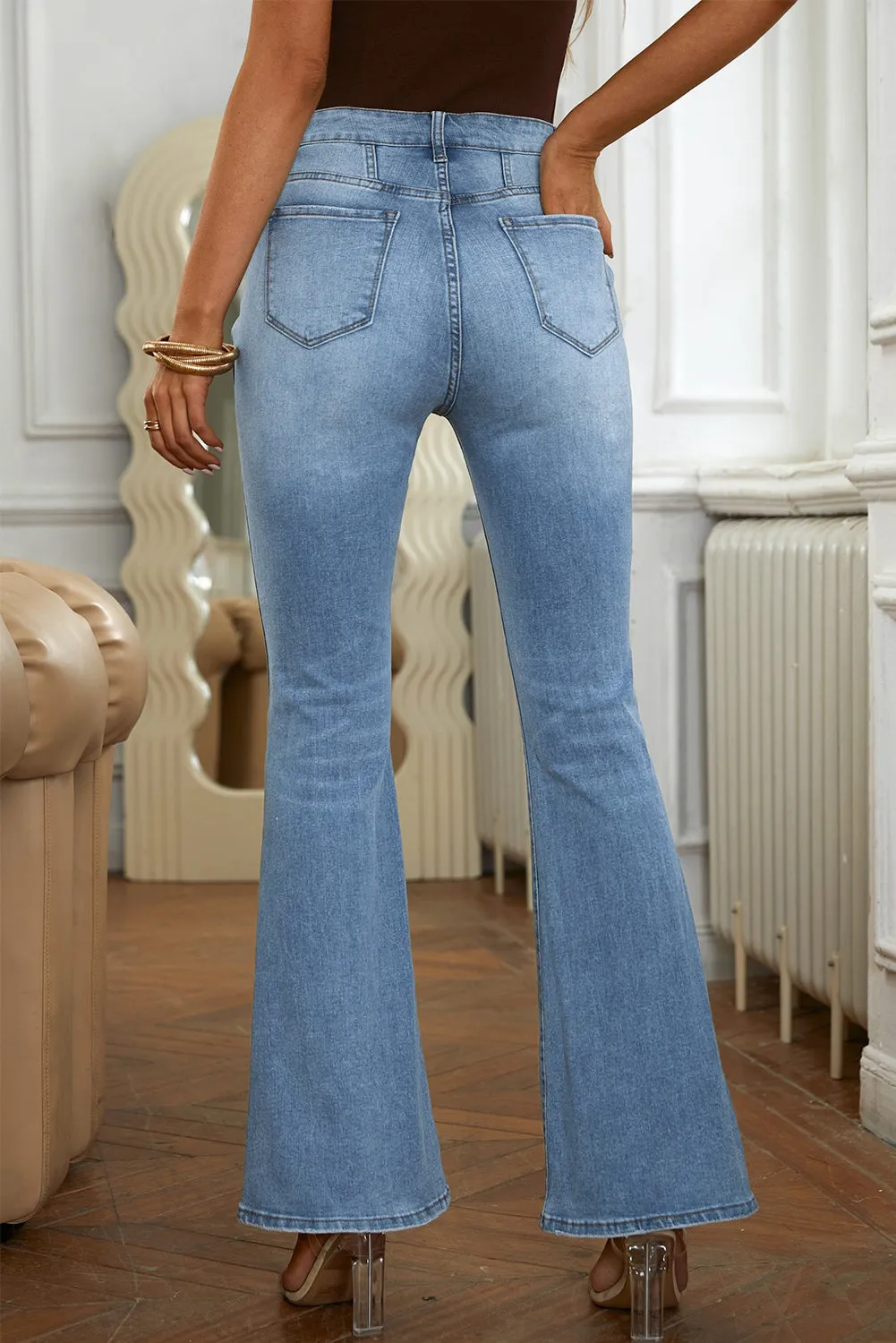 Women's High Waist Flare Jeans Button Fly Seamed Denim Pants