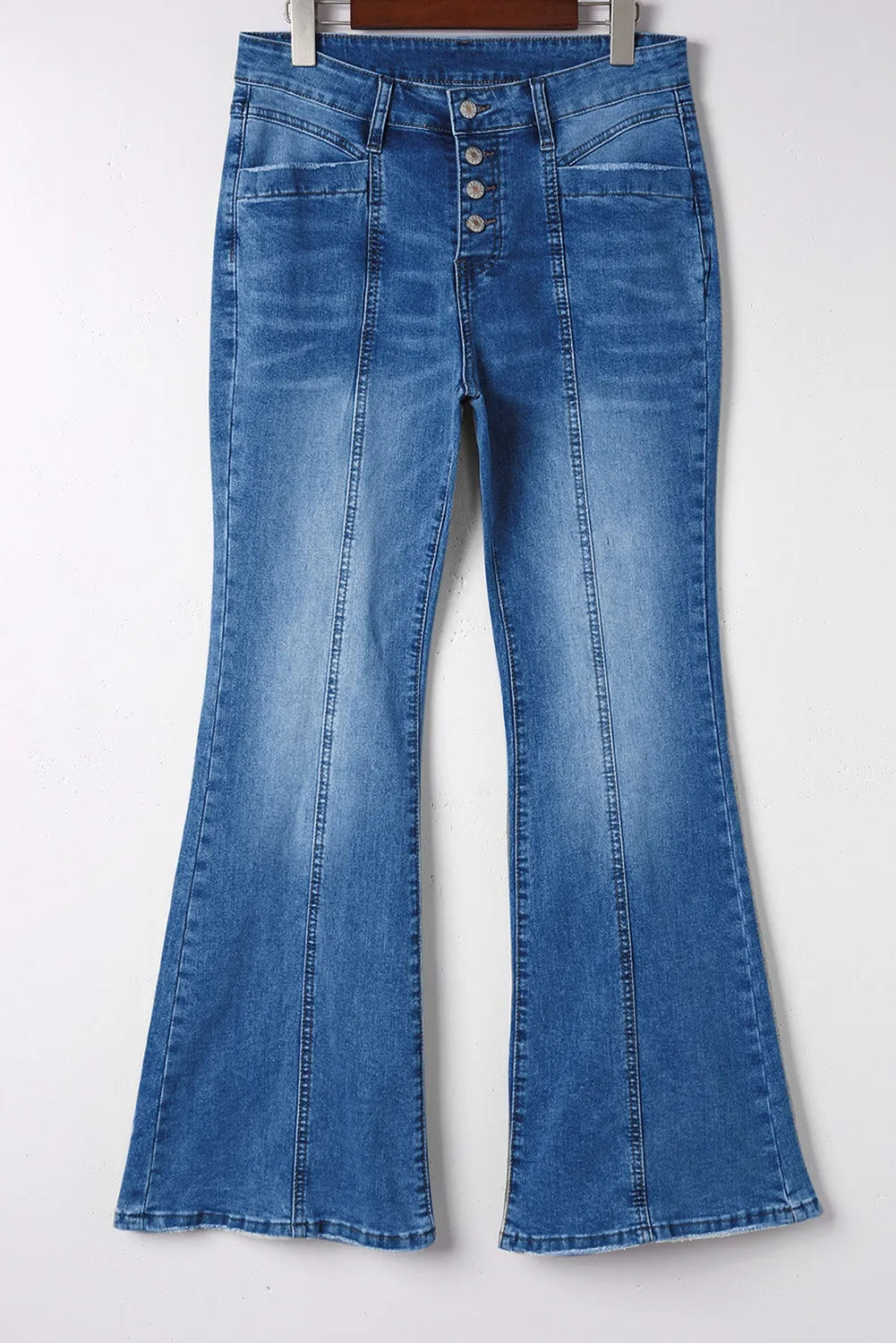 Women's High Waist Flare Jeans Button Fly Seamed Denim Pants