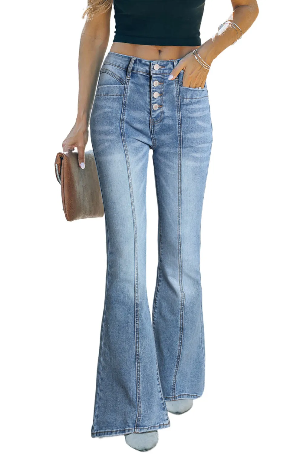 Women's High Waist Flare Jeans Button Fly Seamed Denim Pants