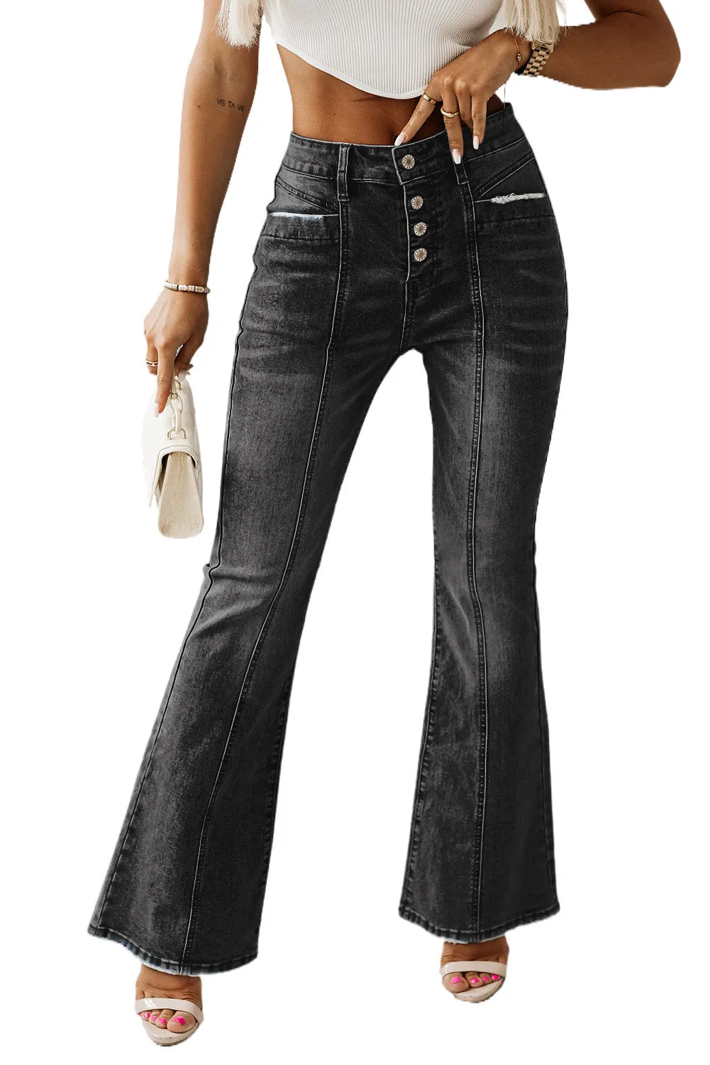 Women's High Waist Flare Jeans Button Fly Seamed Denim Pants