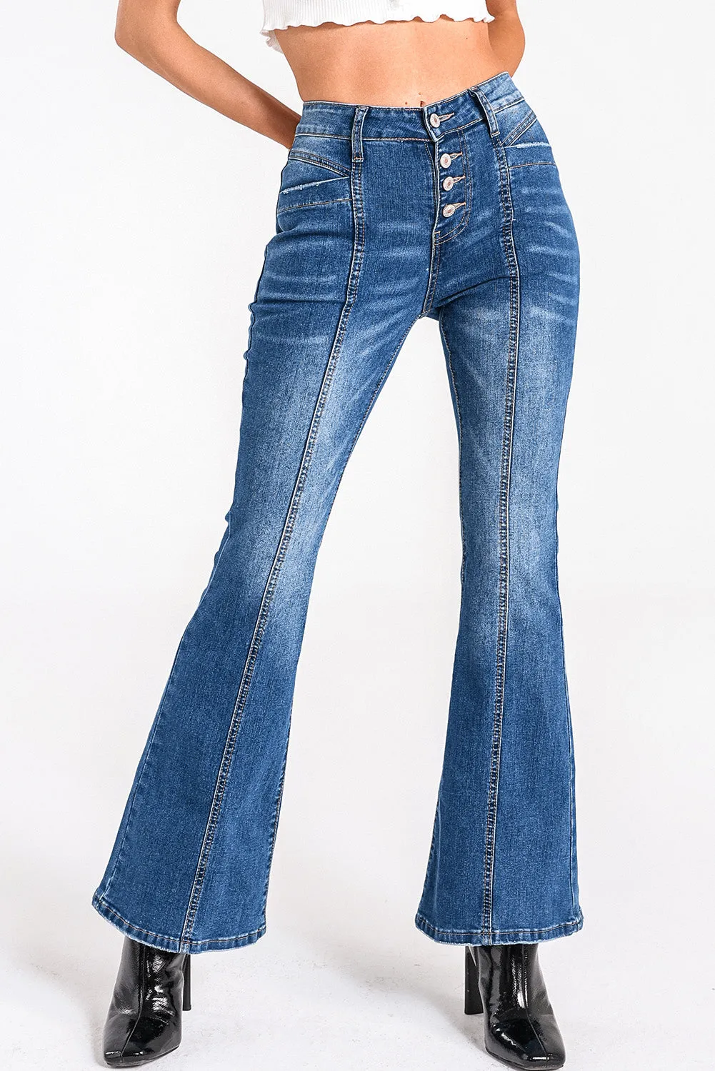 Women's High Waist Flare Jeans Button Fly Seamed Denim Pants