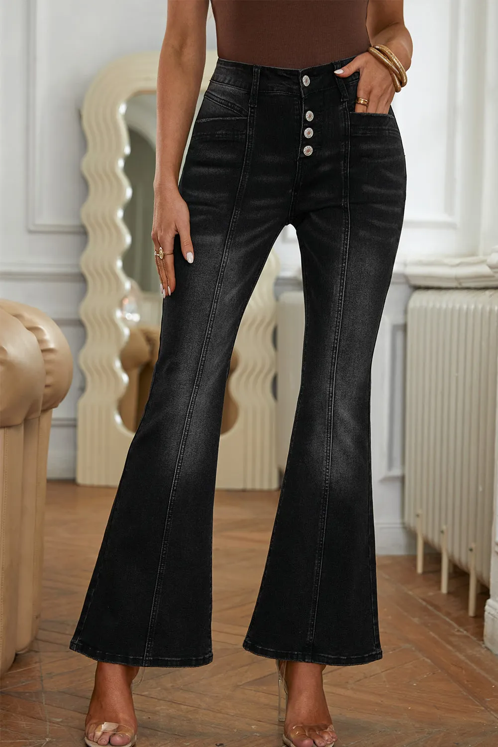 Women's High Waist Flare Jeans Button Fly Seamed Denim Pants