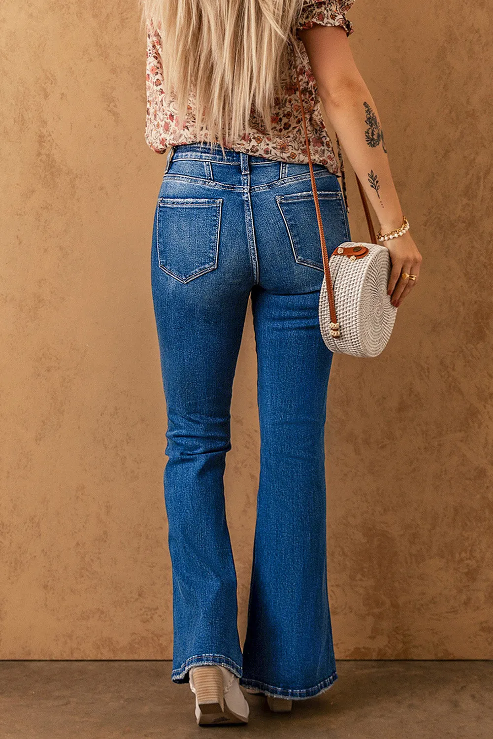 Women's High Waist Flare Jeans Button Fly Seamed Denim Pants