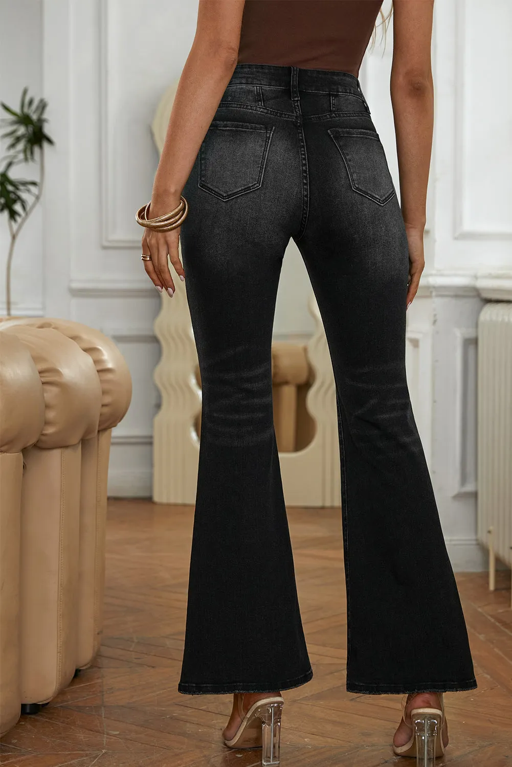 Women's High Waist Flare Jeans Button Fly Seamed Denim Pants